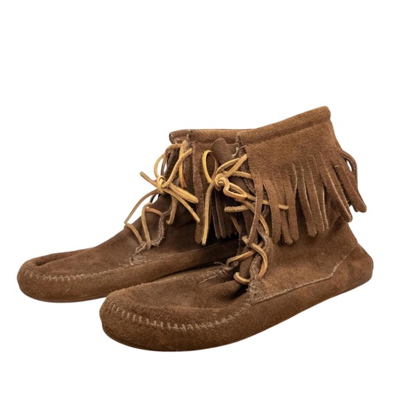 Boho Brown Suede Moccasin Fringe Boots - Lace Up Ankle Booties - Women's 7 - Picture 1 of 8